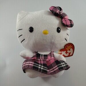 Ty Beanie Babies Sanrio Hello Kitty Pink & Black Plaid Dress  6” Tall #40819
